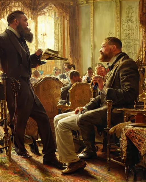 Prompt: tom hardy ( ( ( beard ) ) ) clean - shaven, rehearsing shakespeare to a room full of businessmen, painting by gaston bussiere, craig mullins, j. c. leyendecker