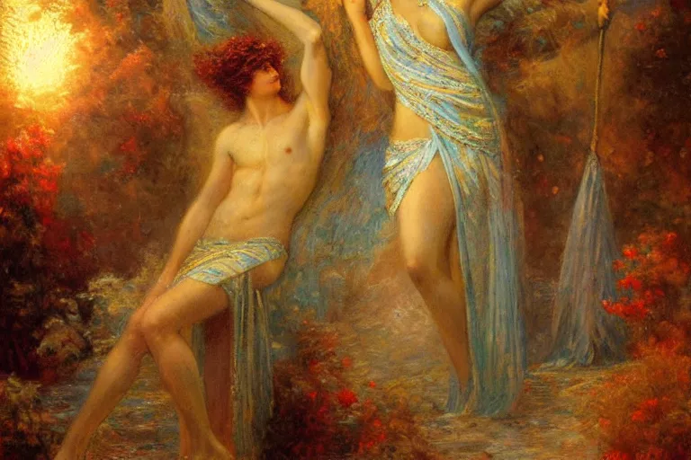 Image similar to portrait of the personification of the sun, god of all things. art by gaston bussiere.