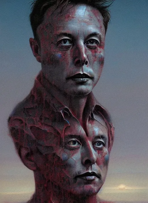 Image similar to A painting of Elon Musk in style of Beksinski. Very detailed