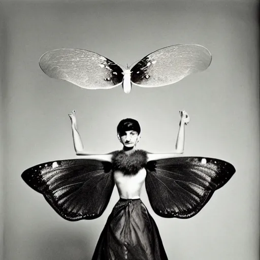 Prompt: a person with moth wings and a proboscis, large format film fashion photograph by richard avedon