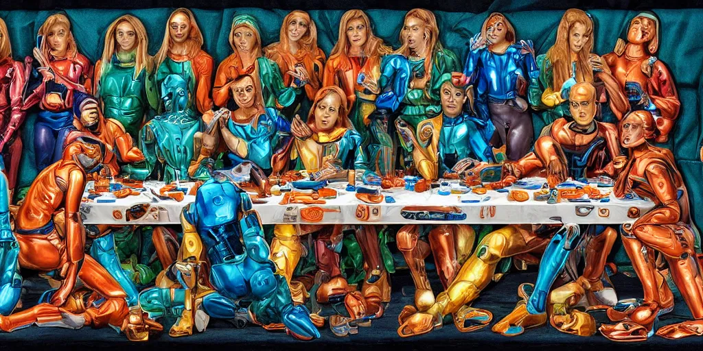 Prompt: !13 diverse cybersuits on !one_side of a reflective !cybernetic table, !!posing_as_last_supper, detailed glowing orange implants, teal, satin, !!highly detailed, beautiful lighting
