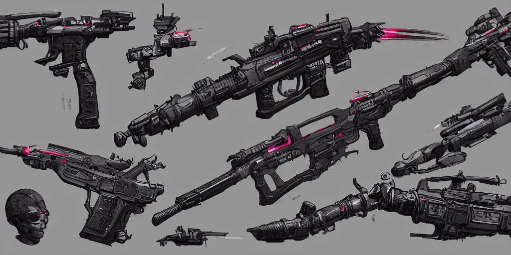 Prompt: several cyberpunk weapon designs , Kim Jung Gi, trending on Artstation, 8K, ultra wide angle, pincushion lens effect.
