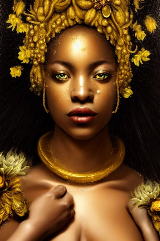 Image similar to hyper realistic neo - rococo cinematic very expressive! black oshun goddess, open eyes, body in water, mirror dripping droplet!, gold flowers, highly detailed face, digital art masterpiece, smooth eric zener cam de leon dramatic pearlescent teal light, ground angle uhd 8 k, sharp focus