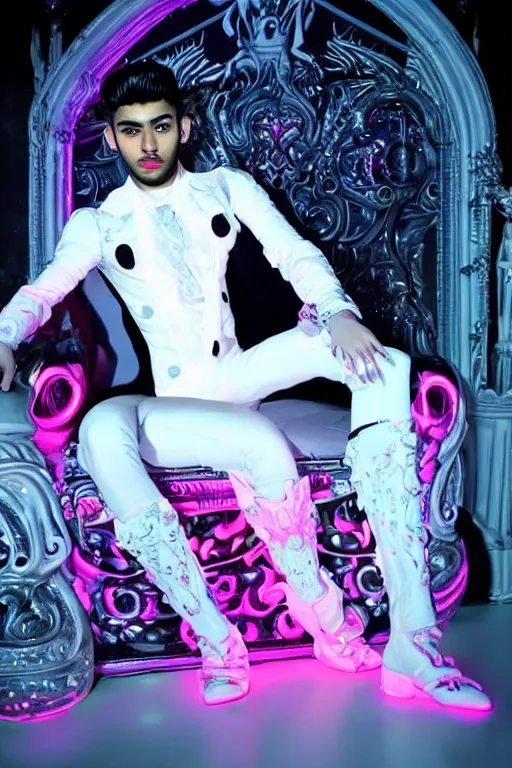 Prompt: full-body rococo and cyberpunk style neon statue of a muscular attractive Zayn Malik macho dotado e rico android sim roupa reclining con las piernas abertas e la piroca dura, glowing white lasers, glowing eyes, silver prince crown, black gears, pink diamonds, swirling orange-colored silk fabric. futuristic elements. ethereal white dripping tar. full-length view. human skulls. large pink balloon animals. intricate artwork by caravaggio. Trending on artstation, octane render, cinematic lighting from the right, hyper realism, octane render, 8k, depth of field, 3D