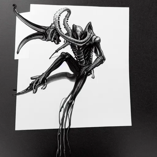 Image similar to a pencil sketch of a cowboy riding a xenomorph on a white background