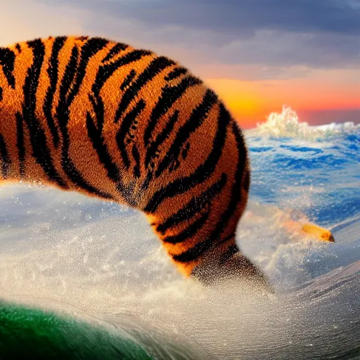 Image similar to a closeup photorealistic photograph of a cute knitted tiger hippopotamus riding an epic wave during sunset. well textured. surf in the background. professional capture. brightly lit scene. this 4 k hd image is trending on artstation, featured on behance, well - rendered, extra crisp, features intricate detail, epic composition and the style of unreal engine.