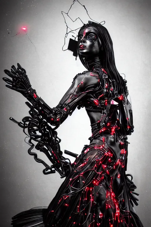 Image similar to full-body cyberpunk style sculpture of a young beautiful dark priestess, half android with a head opening exposing circuitry, glowing red eyes, black roses, flowing blood-red colored silk, fabric, candles, baroque elements, human skull, full-length view. baroque element, intricate artwork by Caravaggio. crows flying in background. Trending on artstation. octane render, cinematic lighting from the right, hyper realism, octane render, 8k, depth of field, 3D