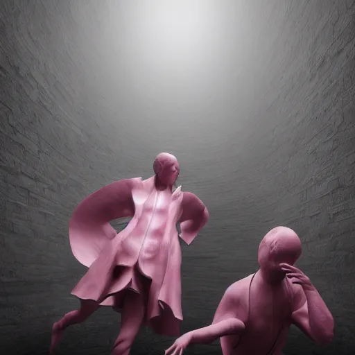 Image similar to photorealistic underground dance club, chinese exquisite carving sculpture, the sculpture is inflatable, fog pink hell themed, bosch paintings on walls, fog pink orchids growing on people, the human body is slowly merging with the sculpture, phantom, francis bacon, people wear surreal dramatic down jackets designed by jean - paul gaultier, epic photorealistic octane render ， hd film camera