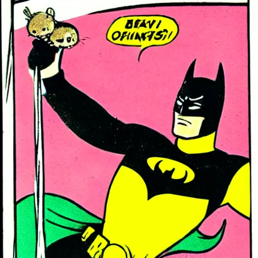 Prompt: Batman holding a hamster as he swings from a web, vintage comic book style