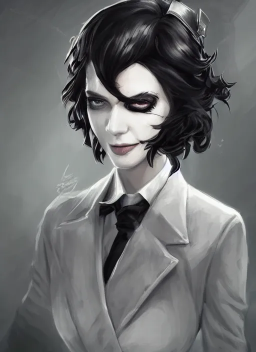 Image similar to a highly detailed illustration of beautiful short black messy haired woman wearing eyepatch!!! and noir style suit and tie, dramatic smiling pose, intricate, elegant, highly detailed, centered, digital painting, artstation, concept art, smooth, sharp focus, league of legends concept art, WLOP