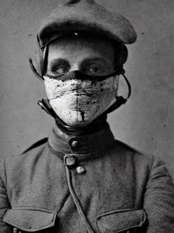Prompt: portrait of man with rorschach full face mask, ww1 photo, grainy, high detail, high resolution,