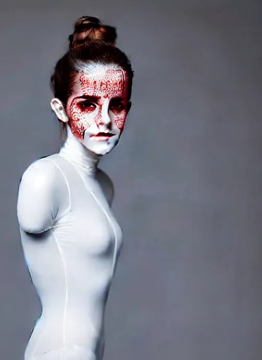 Prompt: emma watson portrait of a woman wearing a red embroidered translucent silicone mask and frizzy hair buns, wearing a white bodysuit by alexander mcqueen, white background, soft diffused light, biotechnology, futuristic aesthetic, translucent, ethereal, intricate details, highly detailed, masterpiece,