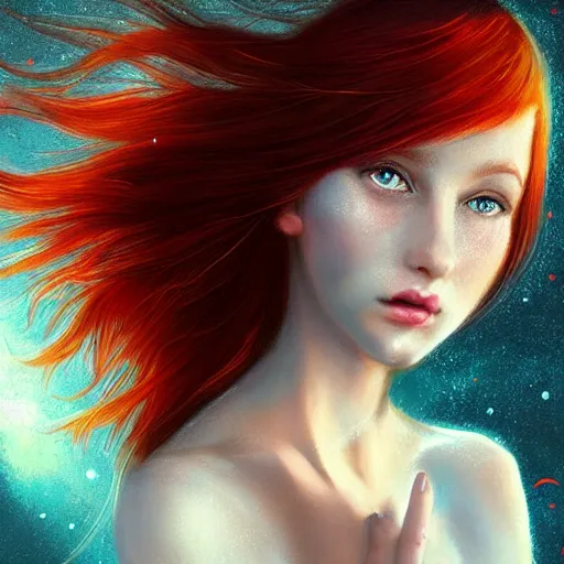 Image similar to sharp, intricate fine details, breathtaking, digital art portrait of a red haired girl with green eyes in a dreamy, mesmerizing scenery with fireflies