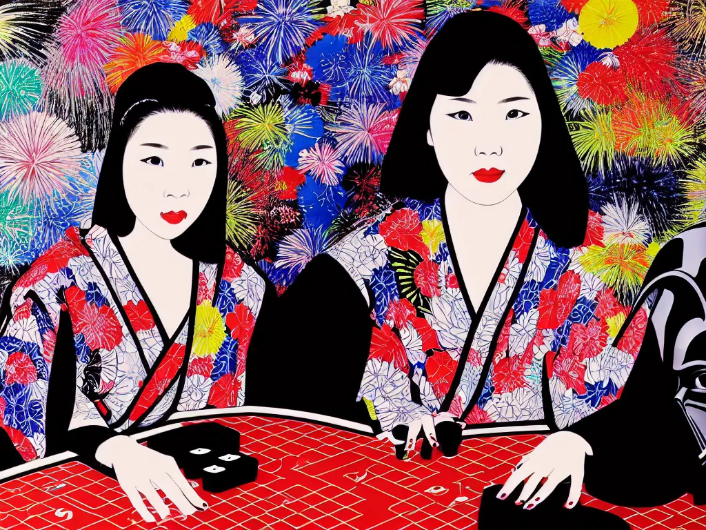 Image similar to hyperrealism composition of the detailed woman in a japanese kimono sitting at an extremely detailed poker table with darth vader, fireworks on the background, pop - art style, jacky tsai style, andy warhol style, acrylic on canvas