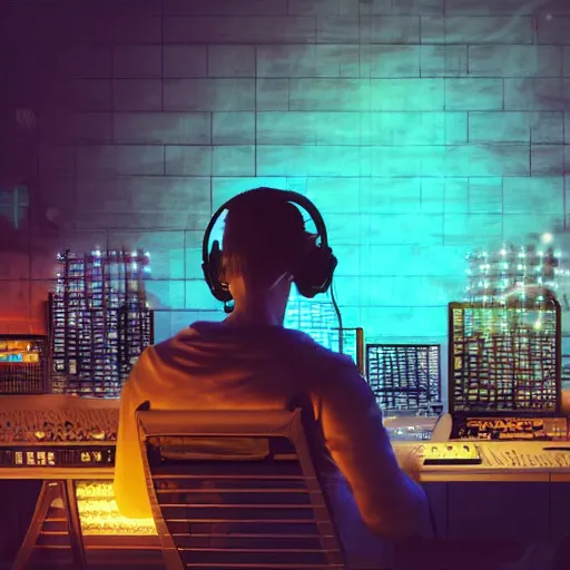 Image similar to cyberpunk skeleton with headphones playing synthesizer, honeycomb structure, smokey lights, lasers, highly detailed, realistic, dusty, technology and magic,