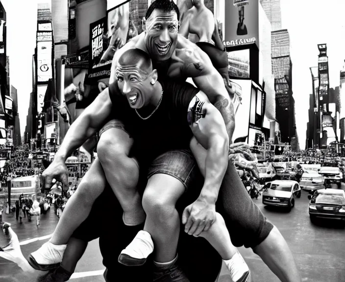 Image similar to Dwayne the Rock Johnson riding on the back of Adam Sandler, doing Methamphetamine at Times Square, photograph by Alfred Eisenstaedt, 4K, dramatic lighting; 4K 8K