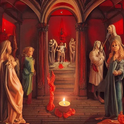 Image similar to the goddess of blood emerging, cultists watching, red hoods, candle lights, renaissance, baroque, gothic, high detail, 8 k