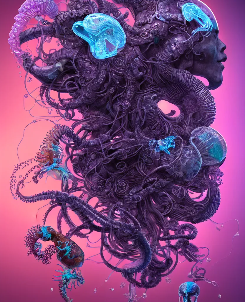 Image similar to goddess close-up portrait ram skull, thorax, x-ray, backbone, jellyfish phoenix head, nautilus, orchid, skull, betta fish, bioluminiscent creatures, intricate artwork by Tooth Wu and wlop and beeple. octane render, trending on artstation, greg rutkowski very coherent symmetrical artwork. cinematic, hyper realism, high detail, octane render, 8k