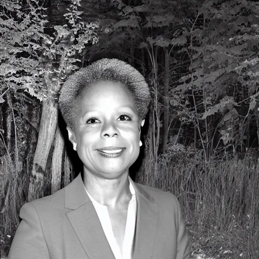 Prompt: chicago mayor lori lightfoot spotted on woodland trail cam late night night vision black-and-white