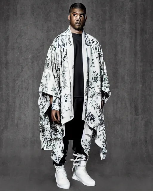 Image similar to Yeezy designed Kimono, model, studio photography, clothing drop, unreleased, Yzy, YZY GAP, Balenciaga, minimalist, dystopian feel