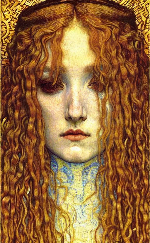 Image similar to detailed realistic beautiful young medieval queen face portrait by jean delville, gustav klimt and vincent van gogh, art nouveau, symbolist, visionary, gothic, pre - raphaelite, muted earthy colors, desaturated