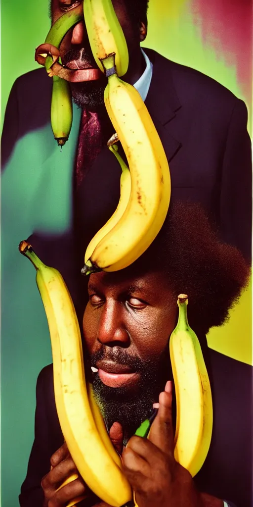 Prompt: award winning photo of thelonious monk EATING banana republic, vivid colors, happy, symmetrical face, beautiful eyes, studio lighting, wide shot art by Sally Mann & Arnold Newman