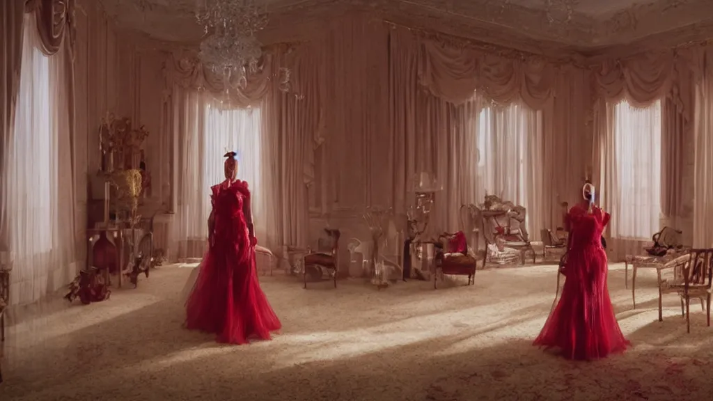 Image similar to a woman made of rubies stands in the living room, film still from the movie directed by Denis Villeneuve with art direction by Salvador Dalí, wide lens, 4K, realistic