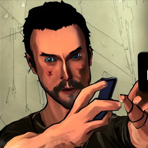 Prompt: lee from the waking dead game holding a phone photo - realistic