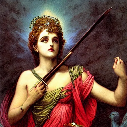 Image similar to beautiful gorgeous Persephone with the prettiest eyes the world has seen with a spear in her hand, goddess of life and death, painting by gustave dore. Colored painting.