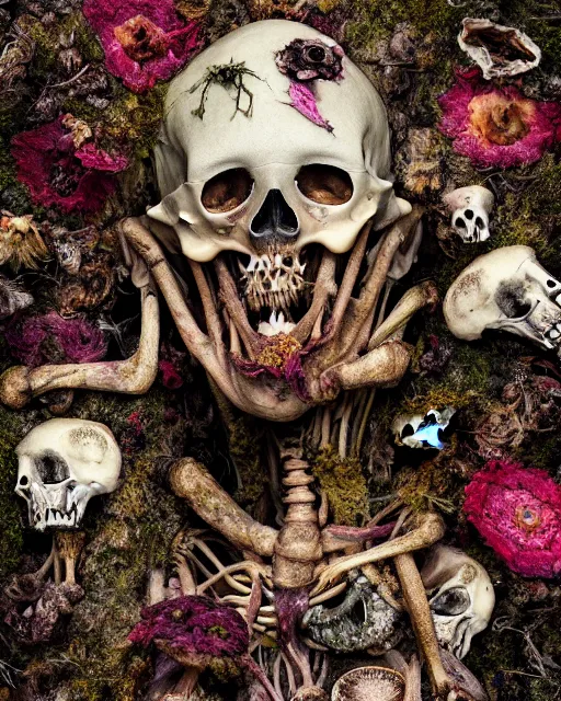 Prompt: a extremely disturbing horror photograph of a creature made out of rotten flowers and nature and fungus and bones, hyperrealism, sharp focus, cinematography, highly detailed, octane render, horror cgi 4 k, matte, photograph by professional photographer