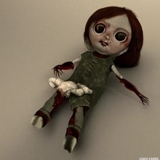 Image similar to this creepy doll has killed before and will kill again, horror, artstation, grainy, vhs, slightly out of focus, Dutch angle, gory