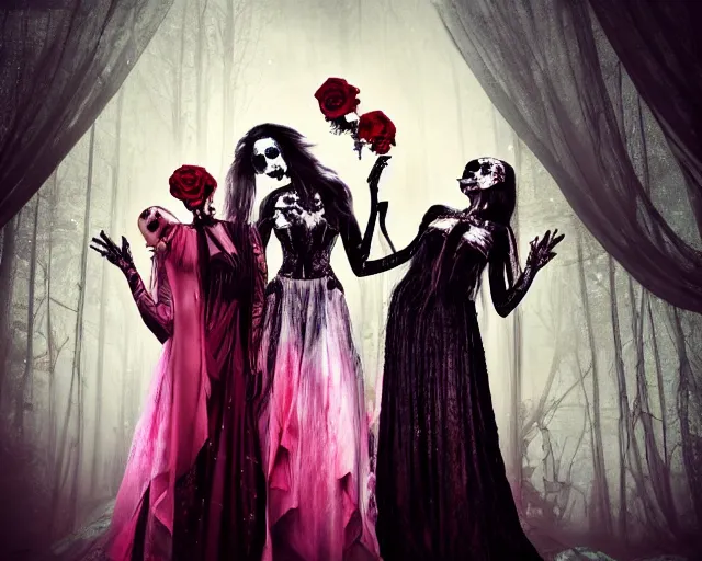 Prompt: three stunning otherworldly gothic goddesses of beauty wearing psychedelic wicca and skulls, in wedding dresses, red neon roses, full body, dark and mysterious, atmospheric, ominous, eerie, cinematic light, epic, 8 k 3 d, ultra detail, ultra realistic, by giger, by wlop