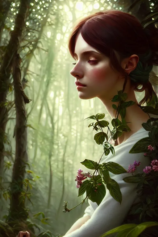 Image similar to beautiful digital painting of a stylish female forest with high detail, 8 k, stunning detail, works by artgerm, greg rutkowski and alphonse mucha, unreal engine 5, 4 k uhd