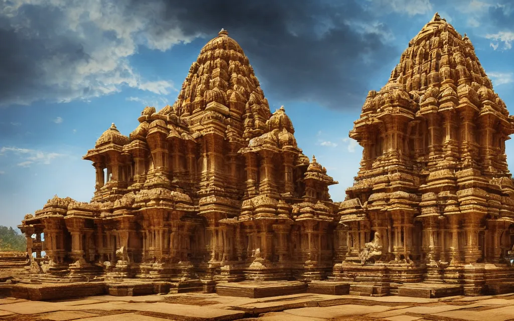 Image similar to High Fantasy solitary Hindu temple typical of the Hampi style ! on a plain near a river, colorful sculptural motifs Intricate, detailed , artistic , volumetric lights warm. Joyful matte painting by Darek Zabrocki and Emmanuel Shiu, 4k ultra detailed, great composition cinematic.