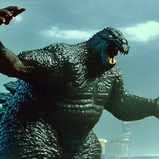 Image similar to shaquille o'neal blocking an attack from godzilla