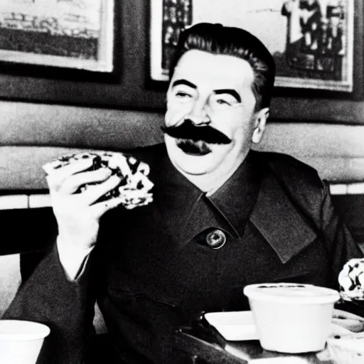 Image similar to joseph stalin enjoying a happy meal at mcdonald's