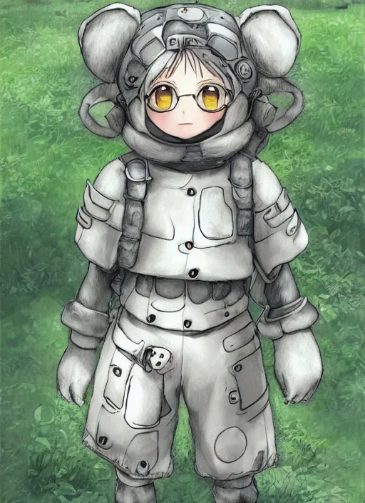 Image similar to beautiful little boy wearing an cyborg bear suit, artwork in kentaro miura and made in abyss and rosdraws, smooth, beautiful lightness, anatomically correct, trending on pixiv, forest