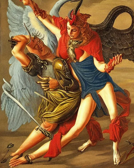 Image similar to devil fights angel, high detail, extremely detailed, very sharp, in the style of jost amman,