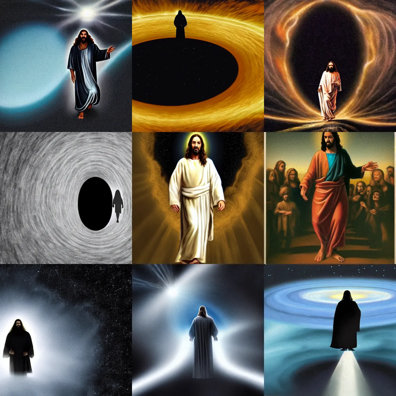 Prompt: jesus walking into a black hole