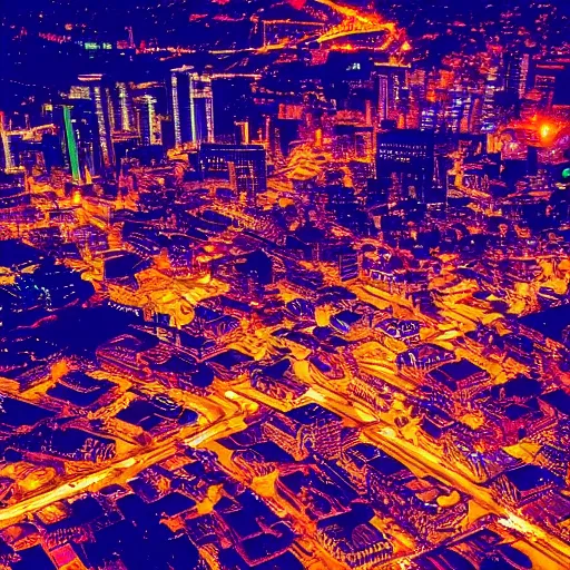 Prompt: an aerial view of a city at night, instagram contest winner, maximalism, glowing lights, vivid colors, circuitry