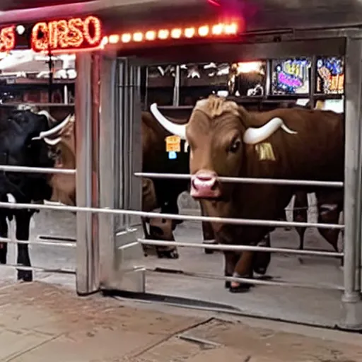 Image similar to movie still of cows trying to break into The Steakhouse at Circus Circus Casino during a riot, cows wearing suits, photorealistic, highly detailed