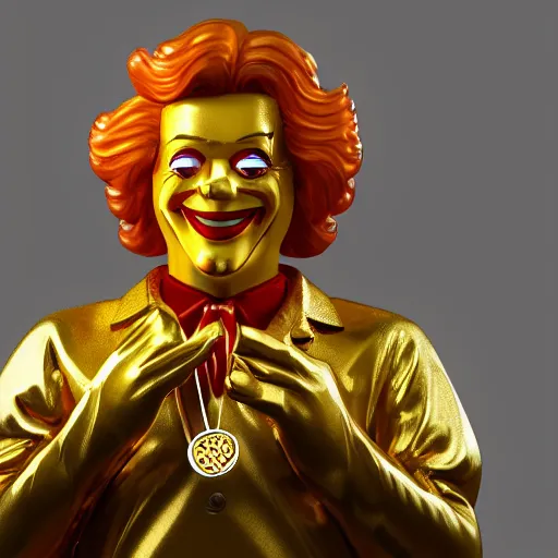 Image similar to A still of Ronald McDonald surrounded by gold and diamonds, Award-winning, photograph, 3d render, unreal engine, 4k detailed