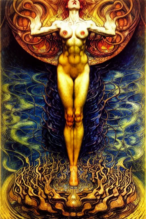 Image similar to Divine Chaos Engine by Karol Bak, Jean Delville, William Blake, Gustav Klimt, and Vincent Van Gogh, symbolist, visionary