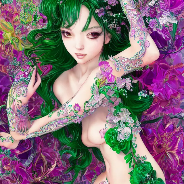 Prompt: an absurdly beautiful, elegant, young hypercolorful sensual gravure idol partially made up of emeralds and green petals, ultrafine hyperrealistic detailed face illustration by kim jung gi, irakli nadar, intricate linework, sharp focus, bright colors, matte, octopath traveler, final fantasy, unreal engine highly rendered, global illumination, radiant light, intricate environment