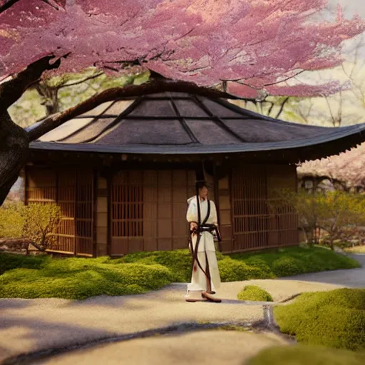 Prompt: hyperrealistic portrait painting of a highly detailed photorealistical samurai, standing in front of traditional Japanese hut, cherry blossom trees outside, Feng Shui Style, cinematic concept art, art station, award winning art, 8k, octane render, unreal engine 5