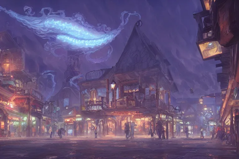 Prompt: fantasy art of an eldritch oldwest town at night, with corrupted giant smoke tentacles in the air, by makoto shinkai, highly detailed digital art, trending on artstation