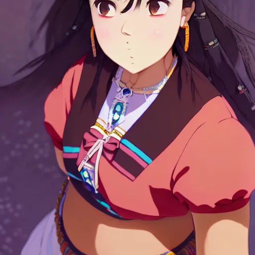 Image similar to a beautiful! plus sized instagram model, brown skin, wearing catholic school girl outfit with mayan pattern and native style, jrpg aztec street fashion, gapmoe yandere grimdark, trending on pixiv fanbox, painted by greg rutkowski makoto shinkai takashi takeuchi studio ghibli, akihiko yoshida