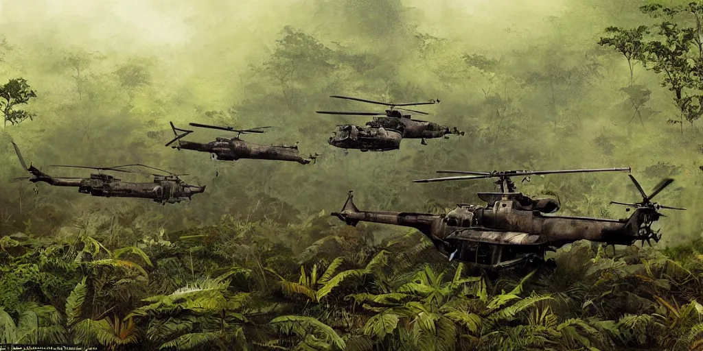 Prompt: vietcong ambushing 3 huey helicopters offloading soldiers in a clearing of a jungle, gritty, realistic, high contrast, cinematic, art by craig mullins