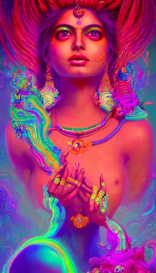 Image similar to a beautiful indian goddess engulfed in colorful liquid smoke and neon clouds, a colorful psychedelic experience, dmt, lsd, face, highly detailed, artstation, concept art, matte, sharp focus, illustration, digital art by hana yata, and artem demura and beeple, octane render, unreal engine, 8 k