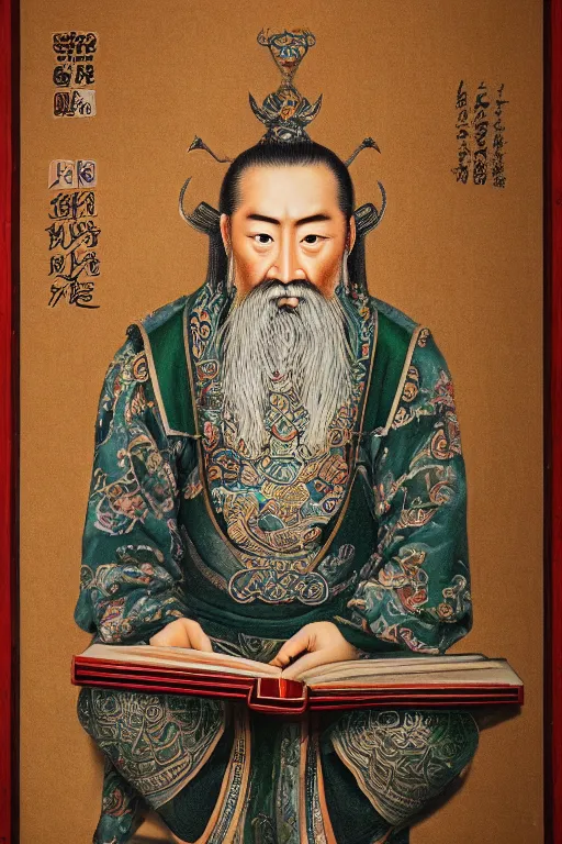 Image similar to A hyper realistic full body portrait of majestic guan yu sits and read a book, defined features, by gu kaizhi, wu daozi, 8k, HD, gigapixel, portrait art, symmetrical composition, realistic proportions, ink and colored pigments on silk, sharpness applied, hyperrealism